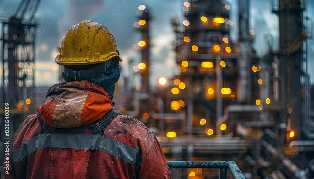 Industrial worker in safety gear observing illuminated refinery at dusk, showcasing the oil and gas industry's infrastructure and nighttime activities.