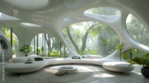 A futuristic interior of an ecofriendly home, with sleek white furniture and large windows overlooking lush greenery. The design includes organic shapes inspired by nature.