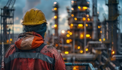 Industrial worker in safety gear observing illuminated refinery at dusk  showcasing the oil and gas industry s infrastructure and nighttime activities.