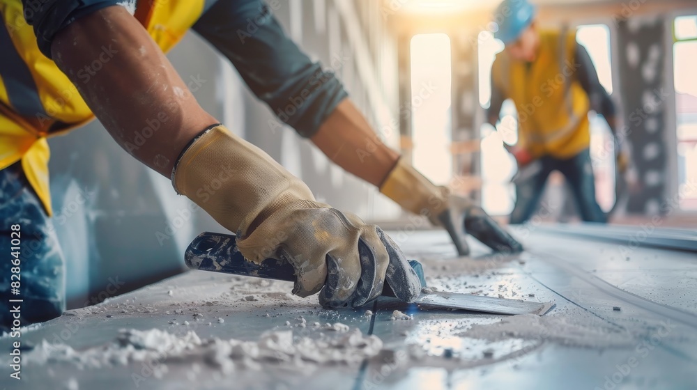 Close-up of construction workers smoothing drywall with tools inside a building under construction, highlighting precision and teamwork. Close-up of construction workers smoothing drywall with tools inside a building under construction, highlighting precision and teamwork.