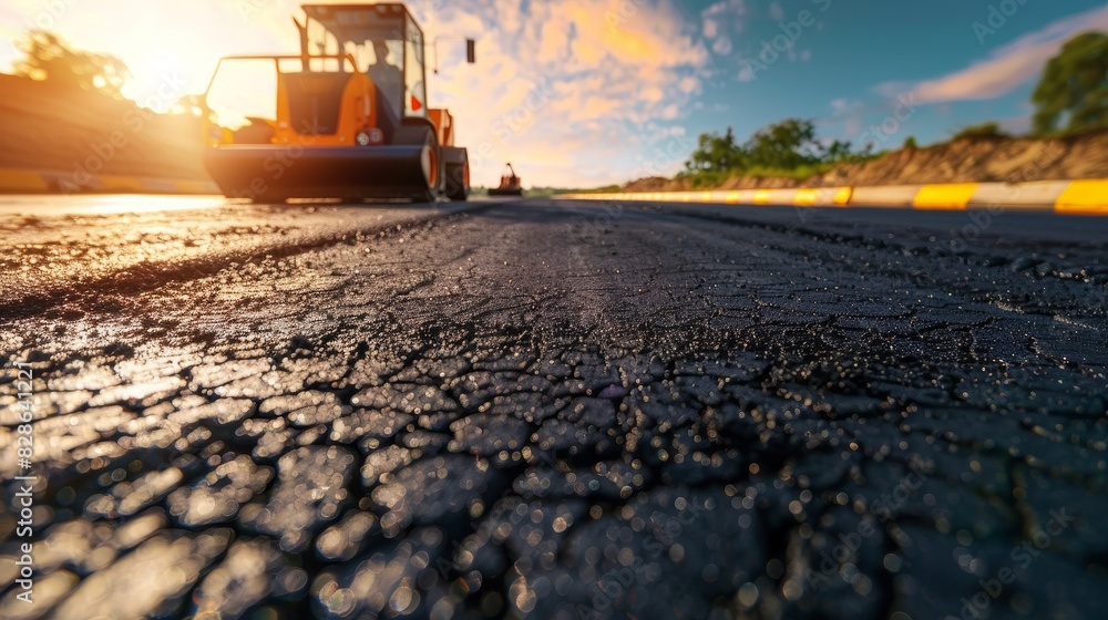 A close-up view of freshly paved asphalt on a road construction site with a steamroller in the background under a vibrant sunset sky. A close-up view of freshly paved asphalt on a road construction site with a steamroller in the background under a vibrant sunset sky.