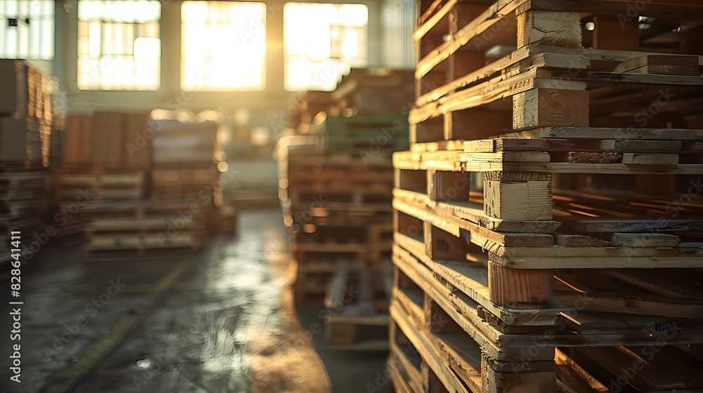 Obraz premium A large stack of wooden pallets in an industrial warehouse, ready for packaging and cargo transport. creating a warm atmosphere.