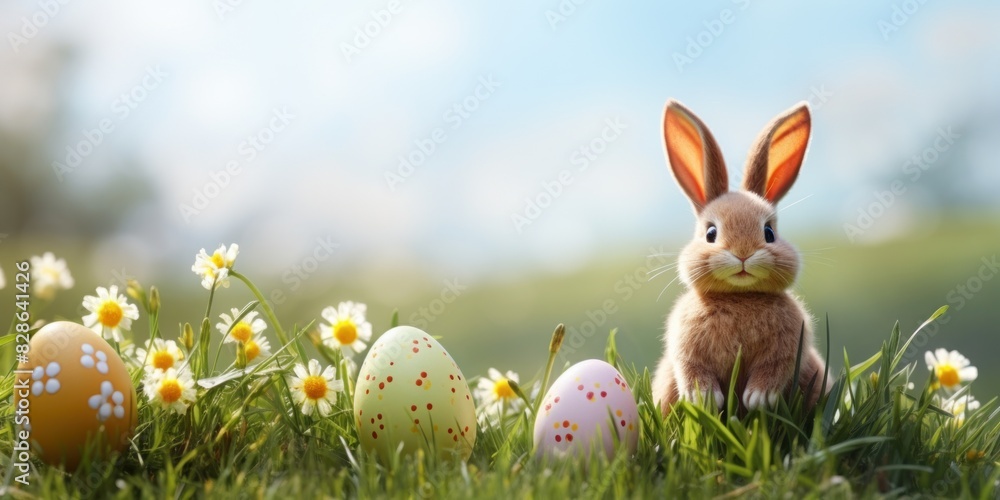 Fototapeta premium Easter bunny in green grass with painted eggs, sunny day, egg hunt, Happy Easter banner background