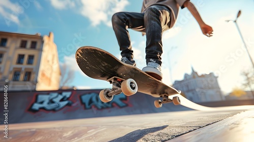 Dynamic Skateboarder Performing Tricks in a Vibrant Urban Skate Park photo
