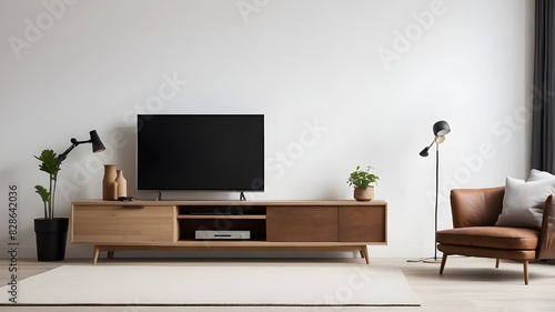 Create a dummy of a TV that is set on a cabinet in a living room with a white wall. photo