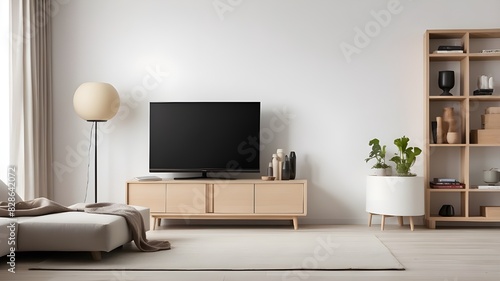 Create a dummy of a TV that is set on a cabinet in a living room with a white wall.