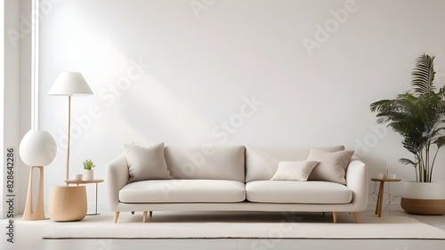 The inside of a light and airy modern living room with a lamp, a sofa, and a white wall backdrop.