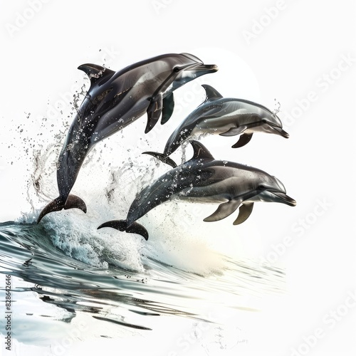 A playful group of dolphins leaping and spinning in the waves, their sleek bodies glistening in the sunlight isolated on white background 