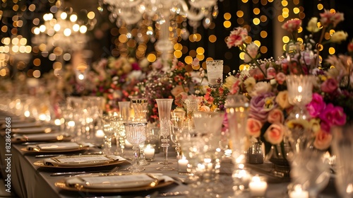 A long table was set for an elegant dinner, with silverware and crystal glasses arranged on grey linen, surrounded by soft candlelight creating a warm ambiance. photo