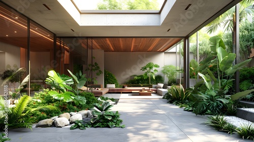 A modern and elegant courtyard garden with lush greenery  featuring an open space surrounded by plants  a sofa area  and natural light coming through skylights above.