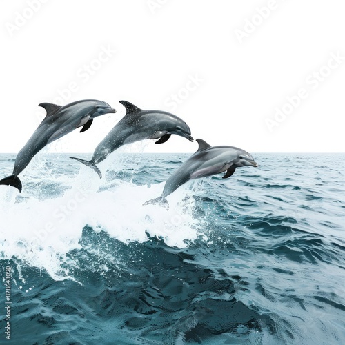 A playful pod of dolphins leaping and frolicking in the ocean waves isolated on white background  