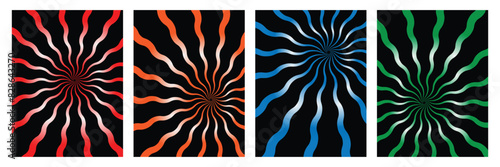 Groovy poster y2k retro background swirl set for print design. Spiral vector illustration. Psychedelic print. Vintage background.