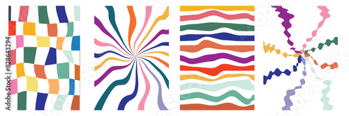 Groovy poster y2k retro background swirl set for print design. Spiral vector illustration. Psychedelic print. Vintage background.
