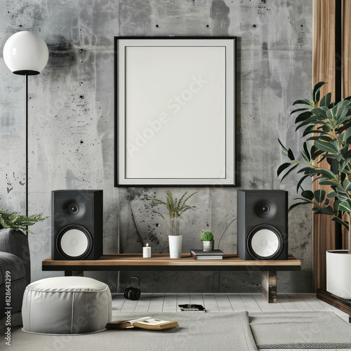 Create a digitally rendered music room with a black front frame,perfect for interior design concepts.This contemporary image presents decorating ideas for a modern living space,enhanced AI generative. photo