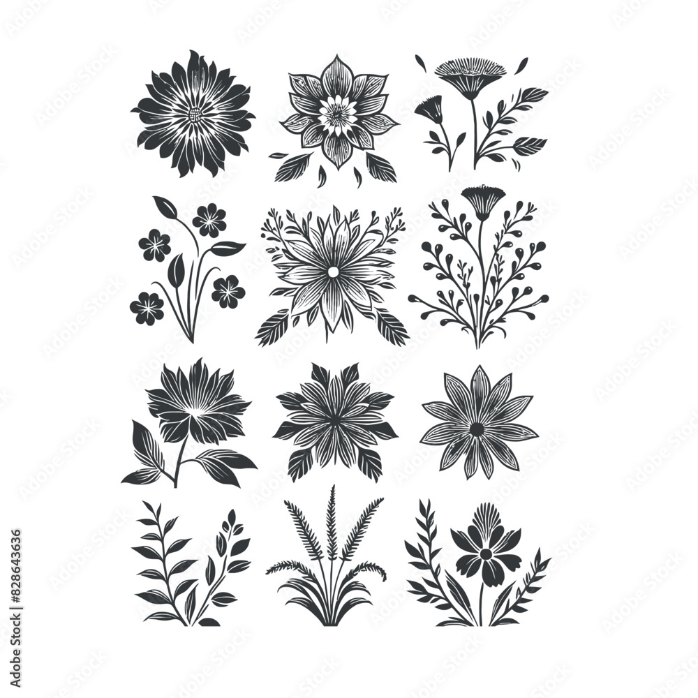 Flat design flower silhouettes and leaves floral element design vector template illustration
