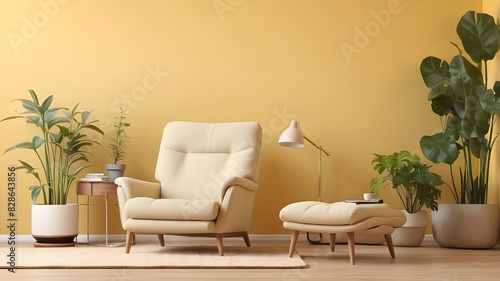 Interior of a living room with a cloth recliner, a light, a book, and plants against a blank yellow wall.3D modelwithin
