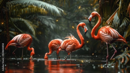 Graceful flamingos standing in shallow water