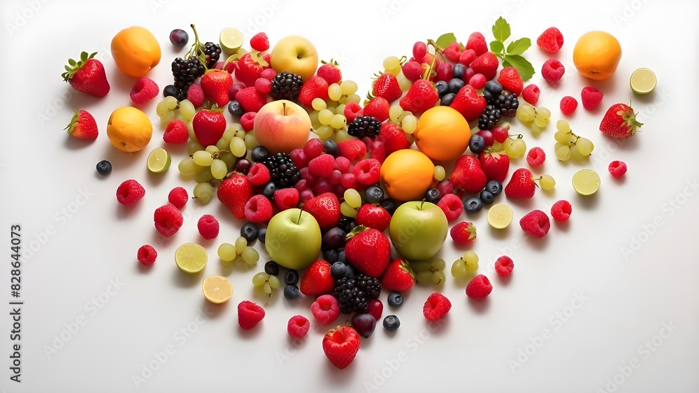 Fruits gathered into a heart form and displayed from above on a blank white background Fruits gathered into a heart form and displayed from above on a blank white background