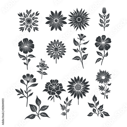 Flat design flower silhouettes and leaves floral element design vector template illustration 