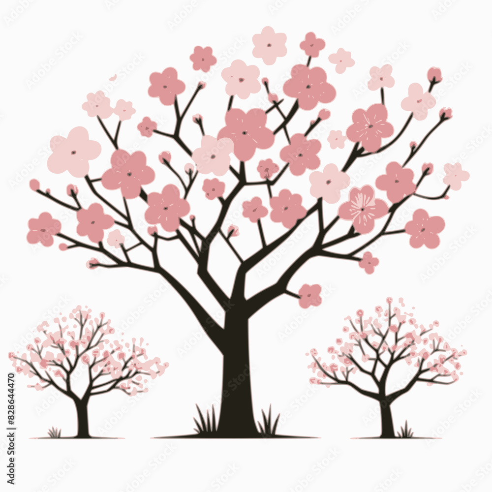 three set of cherry blossom tree vector isolated