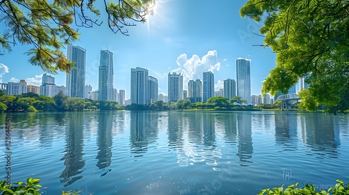 A panoramic view of the city skyline from across an expansive lake, with lush greenery framing the scene and clear blue skies overhead. 