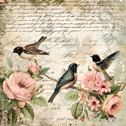 vintage background with roses and birds