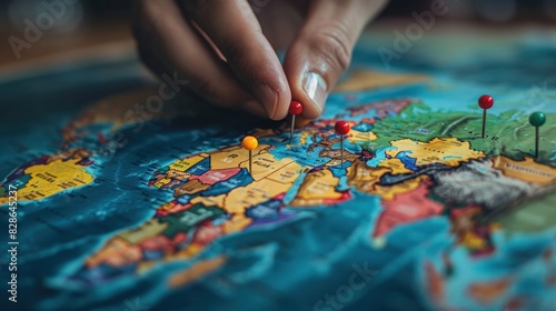 Hand placing pins on a map  illustrating market expansion strategy and business development