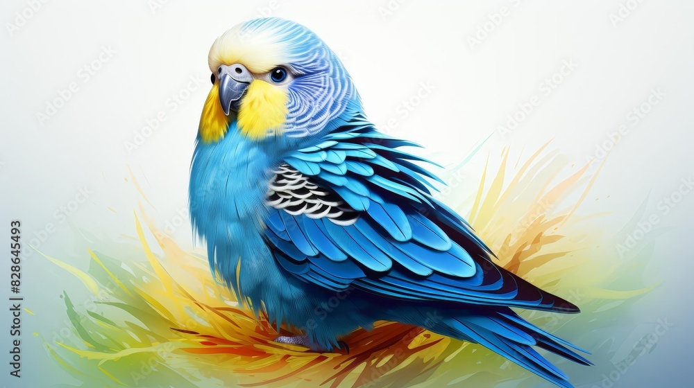 Obraz premium Capture a stunning, photorealistic budgerigar at eye-level angle, showcasing vibrant feathers and sharp details in a close-up shot