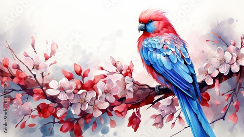 Capture a long shot of a vibrant Crimson Rosella perched on a blooming wattle branch in watercolor style, highlighting its vivid blue and red plumage photo