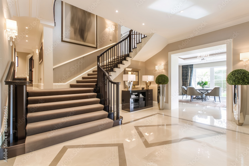 Interior of a grand entrance hall in a modern luxury villa with a sweeping staircase and elegant decor Interior of a grand entrance hall in a modern luxury villa with a sweeping staircase and elegant decor