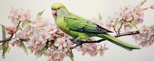 Produce a mesmerizing long shot of a Quaker Parrot interacting with a delicate cherry blossom branch, showcasing intricate details in an oil painting portrayal