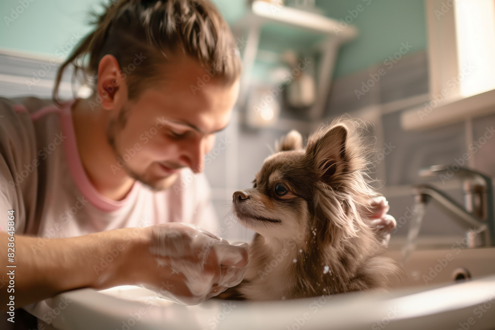 Man bathing a little dog in bathroom. Shallow depth of field Man bathing a little dog in bathroom. Shallow depth of field