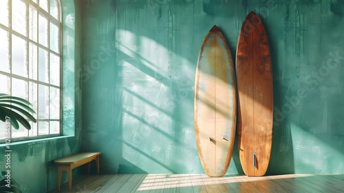 A photo shows surfboards leaning against the wall in an empty room with soft, diffused sunlight streaming through a window, creating a serene atmosphere. © horizor