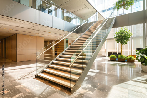 Interior of a entrance hall with a staircase and green plants in the lobby in a modern office building
