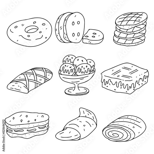 Set of various biscuits. Hand drawn doodle style. Vector illustration isolated on white. Coloring page.