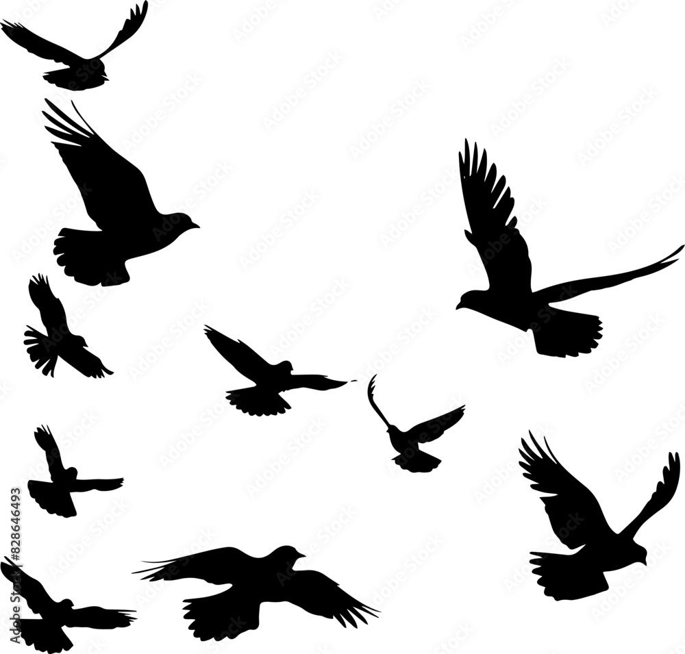 Flying Birds Silhouettes On White Background Vector Design. AI generated illustration. Flying Birds Silhouettes On White Background Vector Design. AI generated illustration.