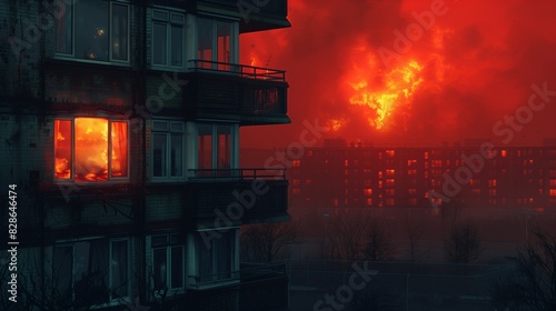 Nighttime Blaze, an urban landscape at night under a menacing red sky that hints at a large fire or disaster. The focus is on an apartment building with one room ablaze with fire