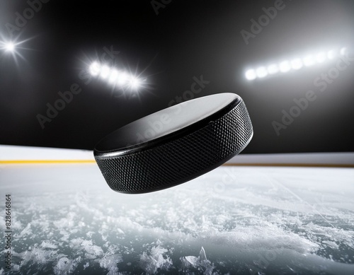 Realistic side view image of an ice hockey puck flying above the ice hockey rink surface. Snow droplets in the bakcground. photo