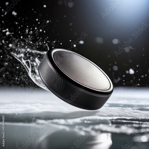 Realistic side view image of an ice hockey puck flying above the ice hockey rink surface. Snow droplets in the bakcground.