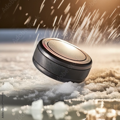 Realistic side view image of an ice hockey puck flying above the ice hockey rink surface. Snow droplets in the bakcground. photo