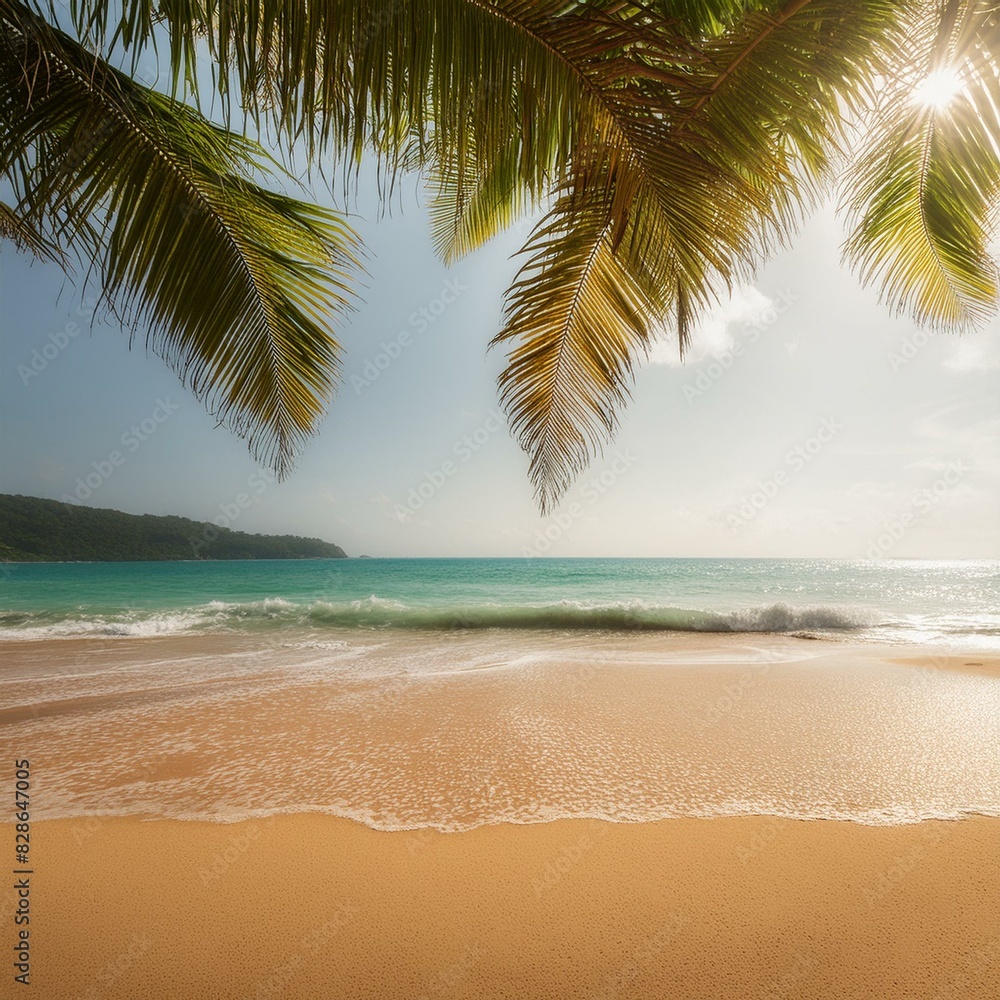 Sunny Beach with Waves and Palm Trees 