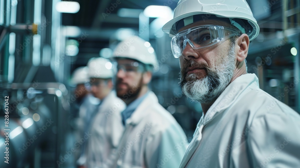 A group of men wearing white lab coats and safety gear stand in a factory A group of men wearing white lab coats and safety gear stand in a factory