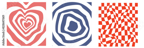 Groovy poster y2k retro background swirl set for print design. Spiral vector illustration. Psychedelic print. Vintage background.