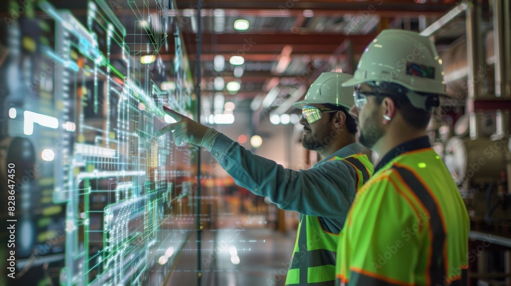 Two men in safety gear pointing at a computer screen Two men in safety gear pointing at a computer screen
