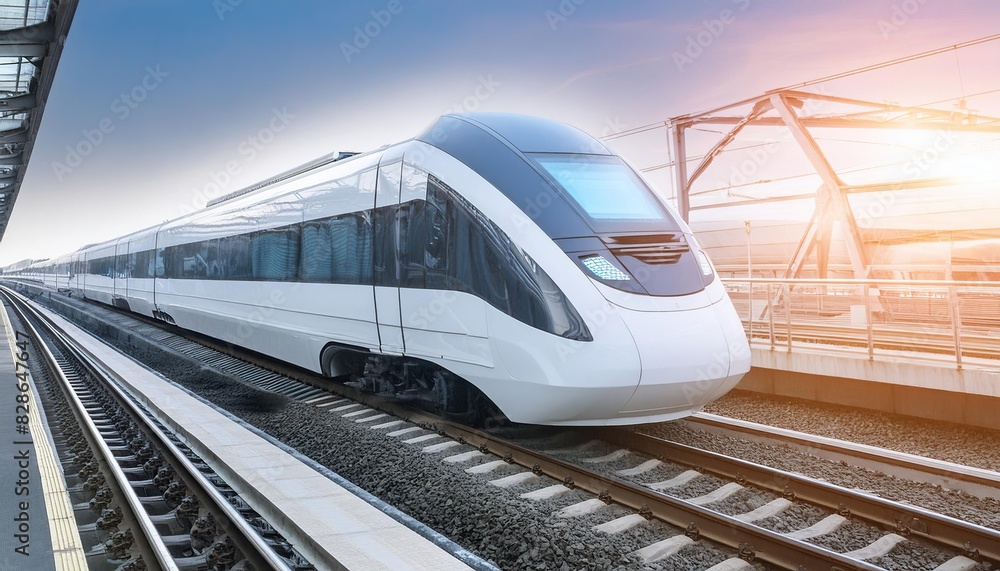 Naklejka premium modern train with speed light effect, space for text. high tech transportation. Fast trip. Travel banner