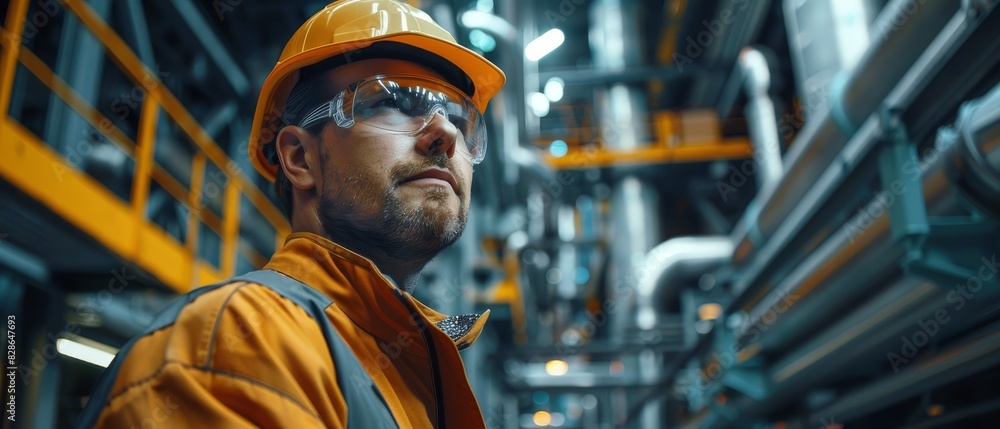 A man in a yellow jacket and a hard hat stands in front of a large pipe A man in a yellow jacket and a hard hat stands in front of a large pipe