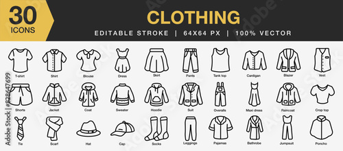 Set of 30 Clothing icon sets. Includes Shirt, Blouse, Dress, Skirt, Pants, Shorts, Jacket, Coat, Sweater, and More. Outline icons vector collection.