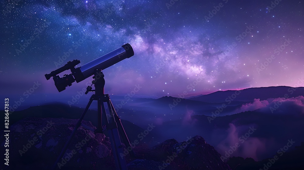 A telescope pointing towards the night sky, with stars and galaxies in view. The background is dark blue with purple hues, creating an atmosphere of mystery and wonder. A telescope pointing towards the night sky, with stars and galaxies in view. The background is dark blue with purple hues, creating an atmosphere of mystery and wonder.
