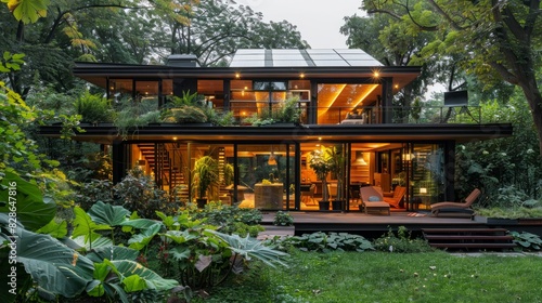 Eco-friendly house with solar panels and lush green surroundings