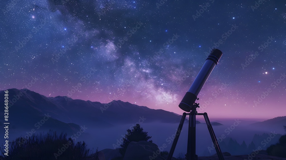 A telescope pointing towards the night sky, with stars and galaxies in view. The background is dark blue with purple hues, creating an atmosphere of mystery and wonder. A telescope pointing towards the night sky, with stars and galaxies in view. The background is dark blue with purple hues, creating an atmosphere of mystery and wonder.
